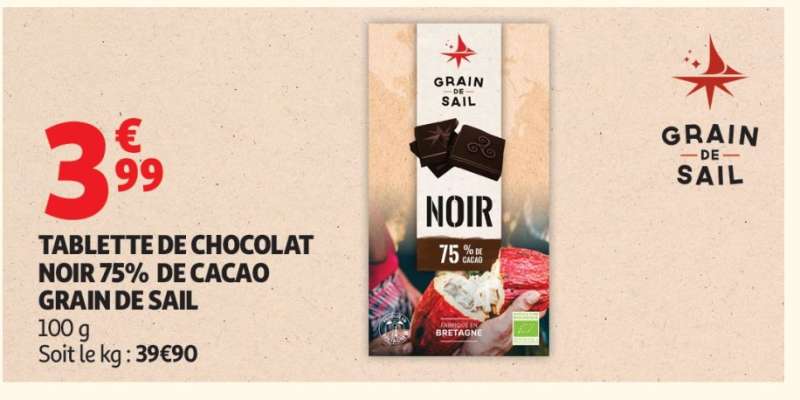 TABLETTE DE CHOCOLAT NOIR 75% DE CACAO GRAIN DE SAIL