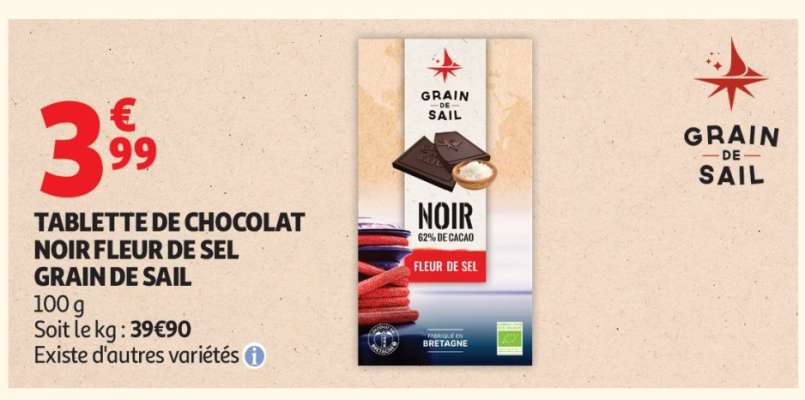 TABLETTE DE CHOCOLAT NOIR FLEUR DE SEL GRAIN DE SAIL