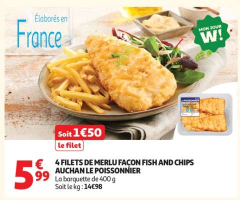 4 FILETS DE MERLU FAÇON FISH AND CHIPS AUCHAN LE POISSONNIER