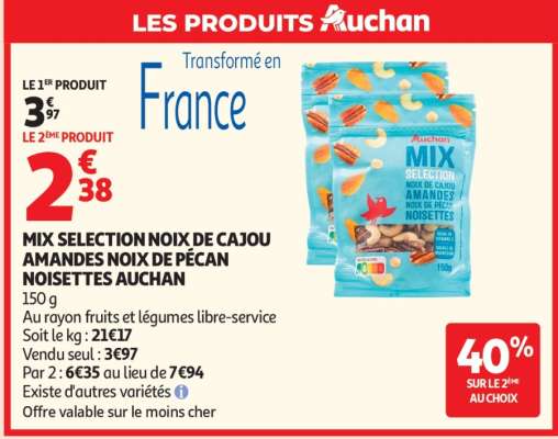 MIX SÉLECTION NOIX DE CAJOU AMANDES NOIX DE PÉCAN NOISETTES AUCHAN