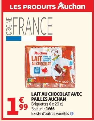 LAIT AU CHOCOLAT AVEC PAILLES AUCHAN