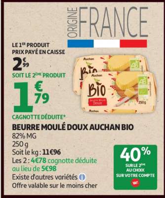 Beurre Moulé Doux Auchan Bio
