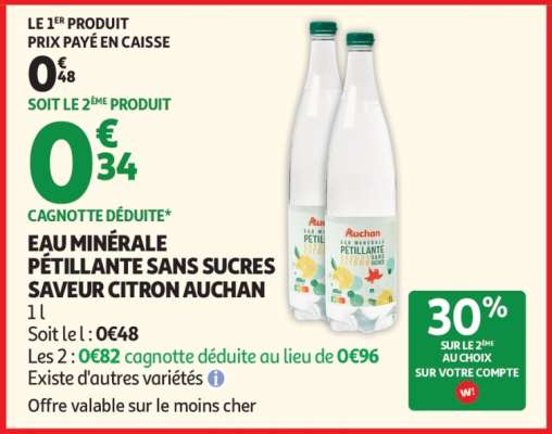 EAU MINÉRALE PÉTILLANTE SANS SUCRES SAVEUR CITRON AUCHAN