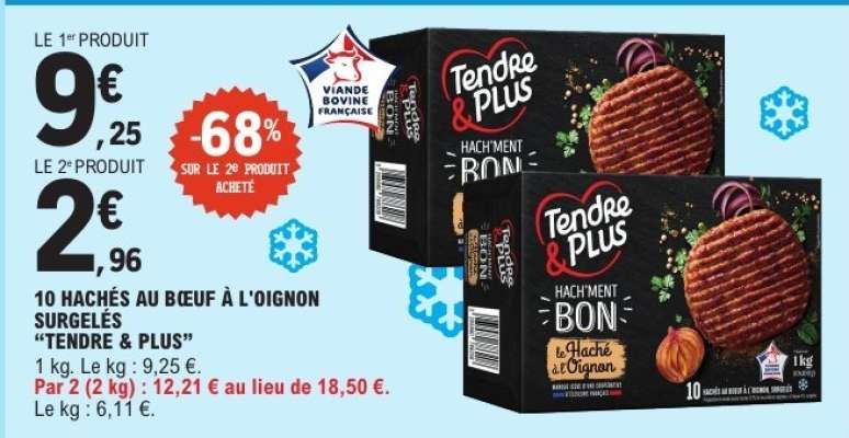 10 HACHÉS AU BŒUF À L'OIGNON SURGELÉS "TENDRE & PLUS"