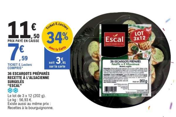 36 ESCARGOTS PRÉPARÉS RECETTE À L'ALSACIENNE SURGELÉS “ESCAL”