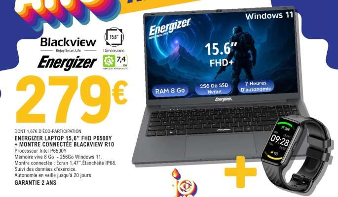 Energizer Laptop 15.6" FHD P6500Y + Montre Connectée Blackview R10