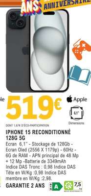 IPHONE 15 RECONDITIONNÉ 128G 5G