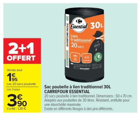 Sac poubelle à lien traditionnel 30L CARREFOUR ESSENTIAL