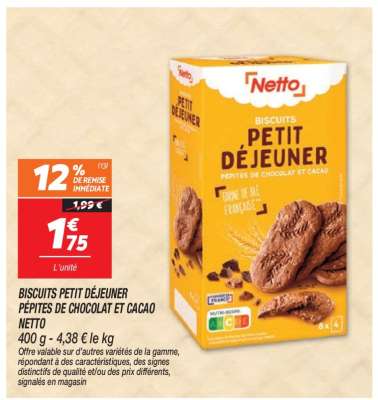 BISCUITS PETIT DÉJEUNER PÉPITES DE CHOCOLAT ET CACAO NETTO