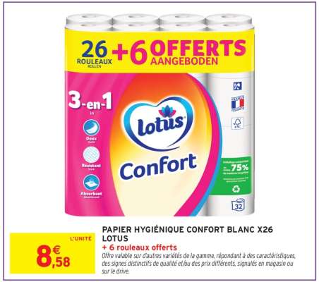 PAPIER HYGIÉNIQUE CONFORT BLANC X26 LOTUS