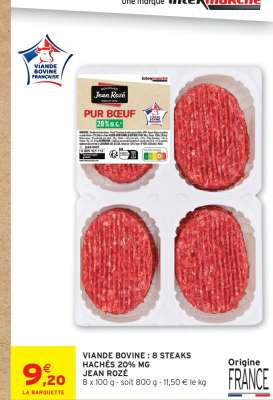 VIANDE BOVINE : 8 STEAKS HACHÉS 20% MG JEAN ROZÉ