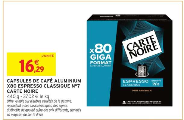 CAPSULES DE CAFÉ ALUMINIUM X80 ESPRESSO CLASSIQUE N°7 CARTE NOIRE