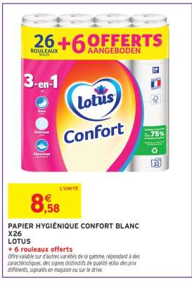 PAPIER HYGIÉNIQUE CONFORT BLANC X26 LOTUS
