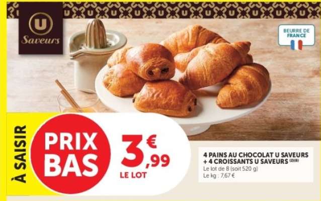 4 Pains au Chocolat U Saveurs + 4 Croissants U Saveurs