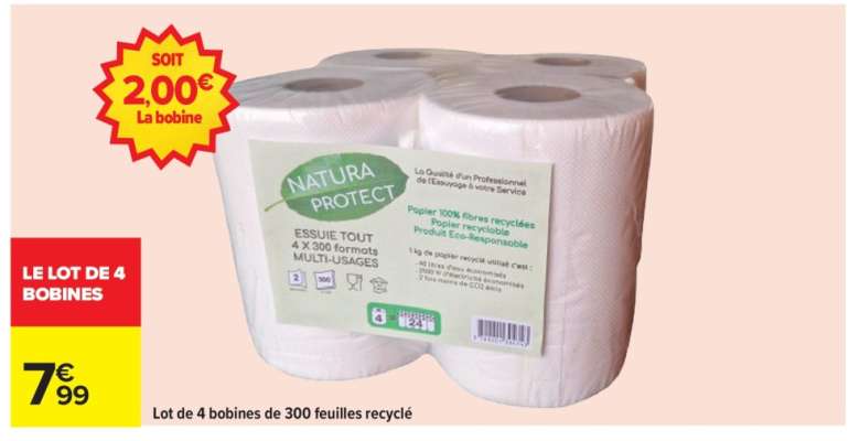 Lot de 4 bobines de 300 feuilles recyclé