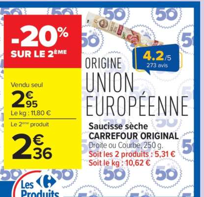 Saucisse sèche CARREFOUR ORIGINAL