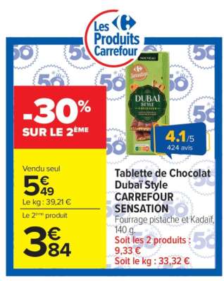 Tablette de Chocolat Dubaï Style CARREFOUR SENSATION
