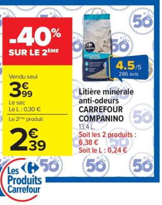 Litière minérale anti-odeurs CARREFOUR COMPANINO