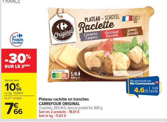 Plateau raclette en tranches CARREFOUR ORIGINAL