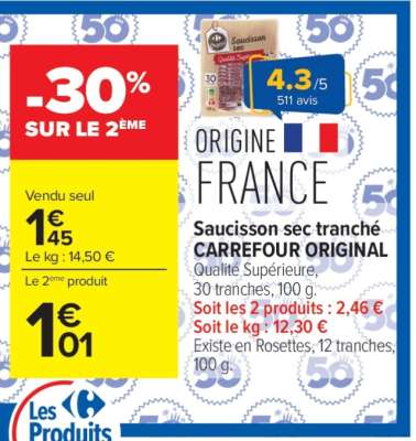 Saucisson sec tranché CARREFOUR ORIGINAL