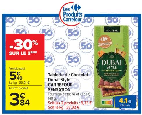 Tablette de Chocolat Dubaï Style CARREFOUR SENSATION