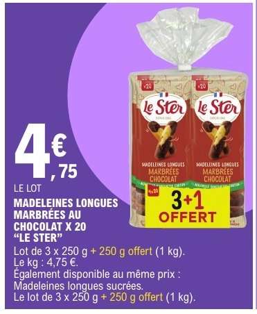MADELEINES LONGUES MARBRÉES AU CHOCOLAT X 20 "LE STER"