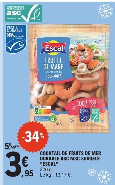COCKTAIL DE FRUITS DE MER ‘DURABLE’ ASC/MSC SURGELÉ “ESCAL”