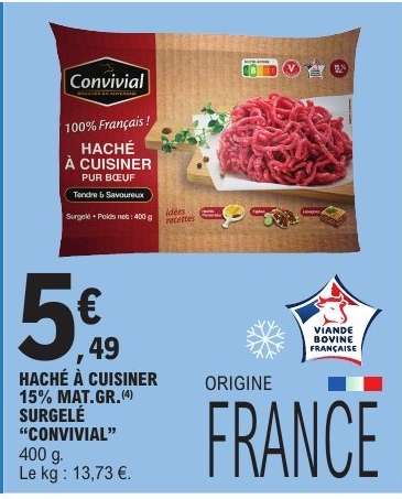 HACHÉ À CUISINER 15% MAT.GR. SURGELÉ “CONVIVIAL”