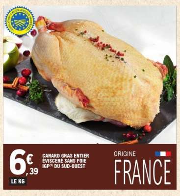 Canard gras entier éviscéré sans foie IGP du Sud-Ouest