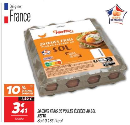20 ŒUFS FRAIS DE POULES ÉLEVÉES AU SOL NETTO