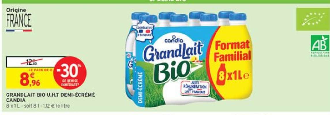 GRANDLAIT BIO U.H.T DEMI-ÉCRÉMÉ CANDIA