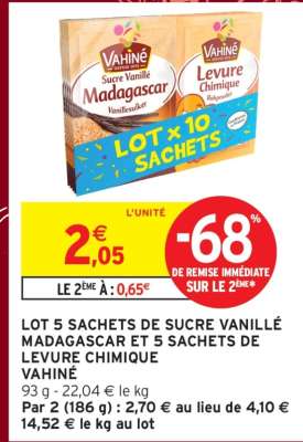 Lot 5 sachets de sucre vanillé Madagascar et 5 sachets de levure chimique Vahiné