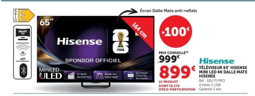 Téléviseur 65" Hisense Mini LED 4K Dalle Mate