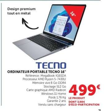 ORDINATEUR PORTABLE TECNO 16"