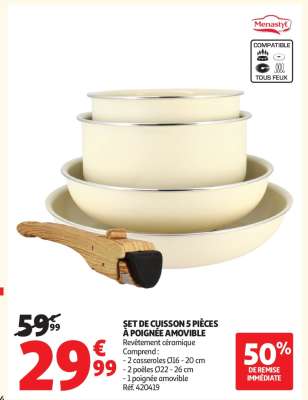 SET DE CUISSON 5 PIÈCES À POIGNÉE AMOVIBLE