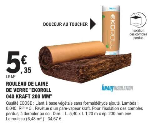 ROULEAU DE LAINE DE VERRE "EKOROLL 040 KRAFT 200 MM"